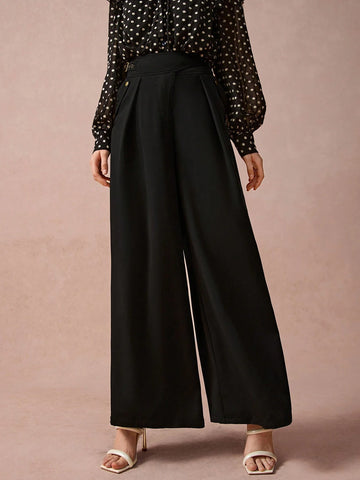 Women's Elegant Simple Solid Color Pleated Loose Wide Leg Pants, Spring/Autumn Women's Elegant Simple Solid Color Pleated Loose Wide Leg Pants, Spring/Autumn