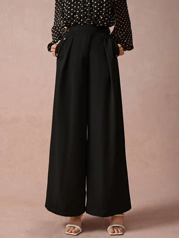 Women's Elegant Simple Solid Color Pleated Loose Wide Leg Pants, Spring/Autumn Women's Elegant Simple Solid Color Pleated Loose Wide Leg Pants, Spring/Autumn