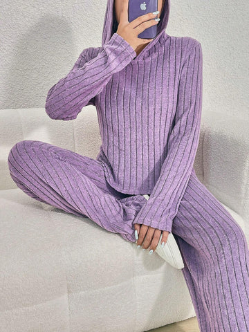 Women's New Fashion Casual Slouchy Purple Ribbed Hooded Top + Long Pants 2 Piece Set, Comfortable & Versatile, Suitable For Autumn/Winter/Spring Everyday Wear, Mommy And Me Matching Outfits (2 Sets Sold Separately) Women's New Fashion Casual Slouchy Purple Ribbed Hooded Top + Long Pants 2 Piece Set, Comfortable & Versatile, Suitable For Autumn/Winter/Spring Everyday Wear, Mommy And Me Matching Outfits (2 Sets Sold Separately)