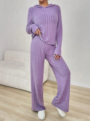 Women's New Fashion Casual Slouchy Purple Ribbed Hooded Top + Long Pants 2 Piece Set, Comfortable & Versatile, Suitable For Autumn/Winter/Spring Everyday Wear, Mommy And Me Matching Outfits (2 Sets Sold Separately) Women's New Fashion Casual Slouchy Purple Ribbed Hooded Top + Long Pants 2 Piece Set, Comfortable & Versatile, Suitable For Autumn/Winter/Spring Everyday Wear, Mommy And Me Matching Outfits (2 Sets Sold Separately)