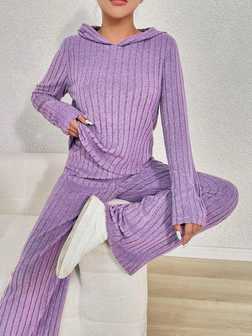 Women's New Fashion Casual Slouchy Purple Ribbed Hooded Top + Long Pants 2 Piece Set, Comfortable & Versatile, Suitable For Autumn/Winter/Spring Everyday Wear, Mommy And Me Matching Outfits (2 Sets Sold Separately) Women's New Fashion Casual Slouchy Purple Ribbed Hooded Top + Long Pants 2 Piece Set, Comfortable & Versatile, Suitable For Autumn/Winter/Spring Everyday Wear, Mommy And Me Matching Outfits (2 Sets Sold Separately)