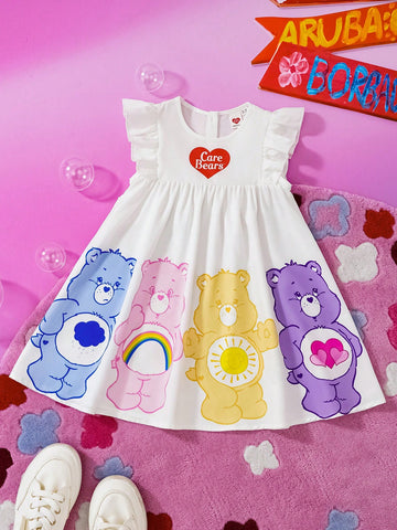 Young Girls Colorful Heart & Bear Print Cap Sleeve Cute Short Dress Young Girls Colorful Heart & Bear Print Cap Sleeve Cute Short Dress
