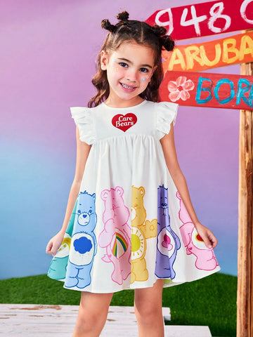 Young Girls Colorful Heart & Bear Print Cap Sleeve Cute Short Dress Young Girls Colorful Heart & Bear Print Cap Sleeve Cute Short Dress