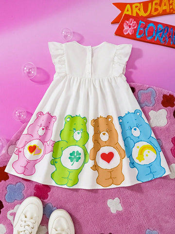 Young Girls Colorful Heart & Bear Print Cap Sleeve Cute Short Dress Young Girls Colorful Heart & Bear Print Cap Sleeve Cute Short Dress