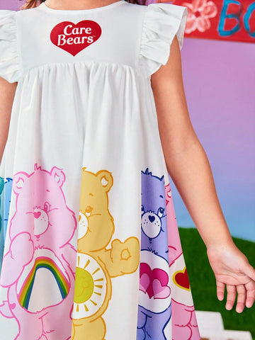Young Girls Colorful Heart & Bear Print Cap Sleeve Cute Short Dress Young Girls Colorful Heart & Bear Print Cap Sleeve Cute Short Dress