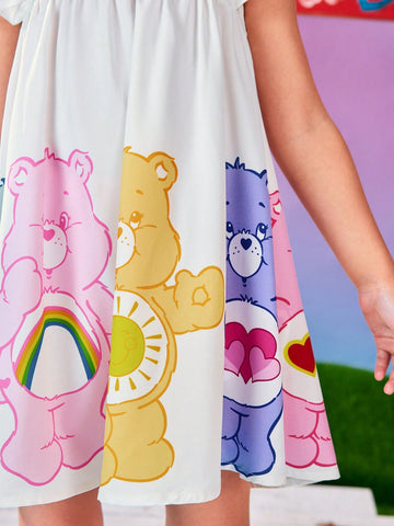 Young Girls Colorful Heart & Bear Print Cap Sleeve Cute Short Dress Young Girls Colorful Heart & Bear Print Cap Sleeve Cute Short Dress