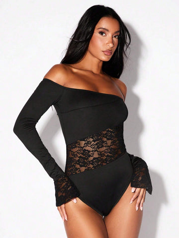Contrast Lace Off-Shoulder Long Flare Sleeve Slim Fitted Black Jumpsuit Fall&Winter Wome Clothes Contrast Lace Off-Shoulder Long Flare Sleeve Slim Fitted Black Jumpsuit Fall&Winter Wome Clothes