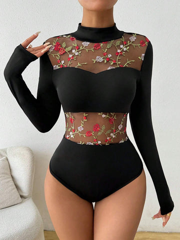 Women's Embroidered Mesh Patchwork Bodysuit With Long Sleeves Women's Embroidered Mesh Patchwork Bodysuit With Long Sleeves