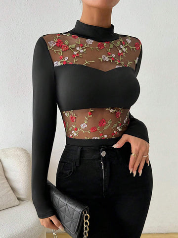 Women's Embroidered Mesh Patchwork Bodysuit With Long Sleeves Women's Embroidered Mesh Patchwork Bodysuit With Long Sleeves