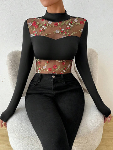 Women's Embroidered Mesh Patchwork Bodysuit With Long Sleeves Women's Embroidered Mesh Patchwork Bodysuit With Long Sleeves