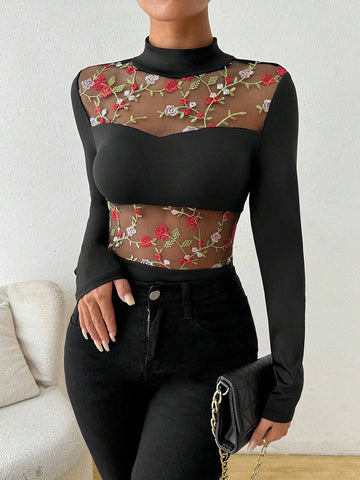 Women's Embroidered Mesh Patchwork Bodysuit With Long Sleeves Women's Embroidered Mesh Patchwork Bodysuit With Long Sleeves