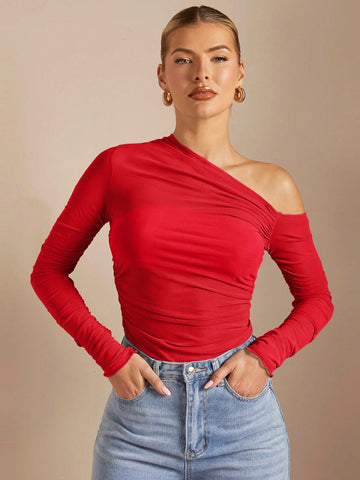 BAE Off Shoulder Pucker Up See Through Fitted T-Shirt BAE Off Shoulder Pucker Up See Through Fitted T-Shirt