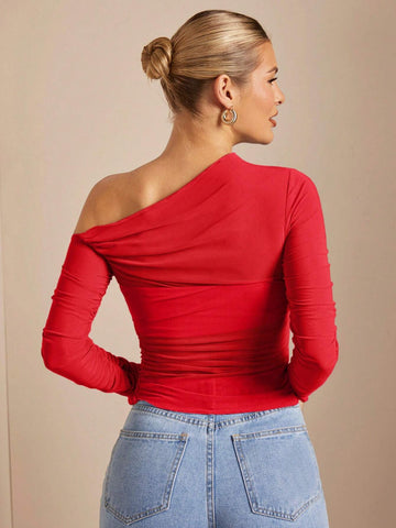 BAE Off Shoulder Pucker Up See Through Fitted T-Shirt BAE Off Shoulder Pucker Up See Through Fitted T-Shirt