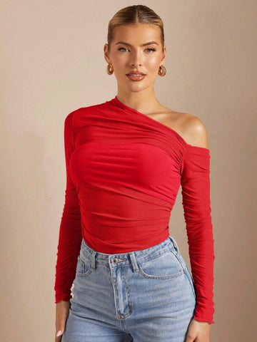 BAE Off Shoulder Pucker Up See Through Fitted T-Shirt BAE Off Shoulder Pucker Up See Through Fitted T-Shirt