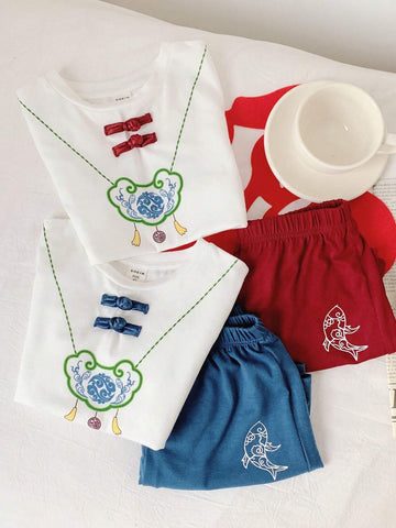 Young Boy Casual Chinese Style Printed Short Sleeve Shirt And Shorts Set, Hanfu Style, 4pcs/Set Young Boy Casual Chinese Style Printed Short Sleeve Shirt And Shorts Set, Hanfu Style, 4pcs/Set