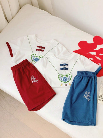 Young Boy Casual Chinese Style Printed Short Sleeve Shirt And Shorts Set, Hanfu Style, 4pcs/Set Young Boy Casual Chinese Style Printed Short Sleeve Shirt And Shorts Set, Hanfu Style, 4pcs/Set