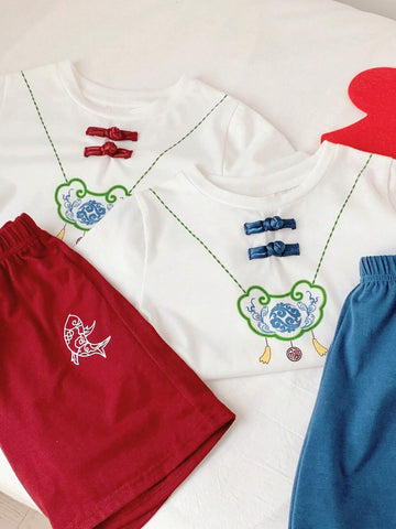 Young Boy Casual Chinese Style Printed Short Sleeve Shirt And Shorts Set, Hanfu Style, 4pcs/Set Young Boy Casual Chinese Style Printed Short Sleeve Shirt And Shorts Set, Hanfu Style, 4pcs/Set