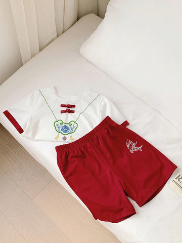 Young Boy Casual Chinese Style Printed Short Sleeve Shirt And Shorts Set, Hanfu Style, 4pcs/Set Young Boy Casual Chinese Style Printed Short Sleeve Shirt And Shorts Set, Hanfu Style, 4pcs/Set