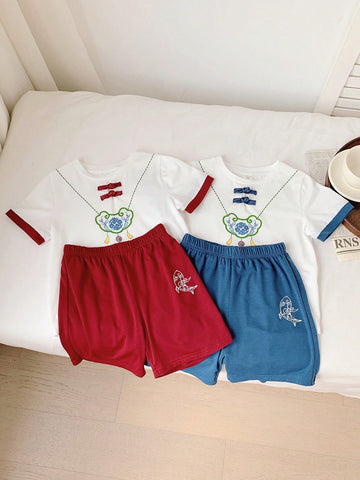 Young Boy Casual Chinese Style Printed Short Sleeve Shirt And Shorts Set, Hanfu Style, 4pcs/Set Young Boy Casual Chinese Style Printed Short Sleeve Shirt And Shorts Set, Hanfu Style, 4pcs/Set
