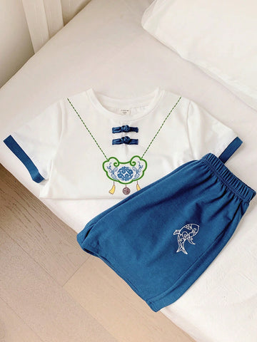 Young Boy Casual Chinese Style Printed Short Sleeve Shirt And Shorts Set, Hanfu Style, 4pcs/Set Young Boy Casual Chinese Style Printed Short Sleeve Shirt And Shorts Set, Hanfu Style, 4pcs/Set