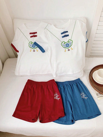 Young Boy Casual Chinese Style Printed Short Sleeve Shirt And Shorts Set, Hanfu Style, 4pcs/Set Young Boy Casual Chinese Style Printed Short Sleeve Shirt And Shorts Set, Hanfu Style, 4pcs/Set