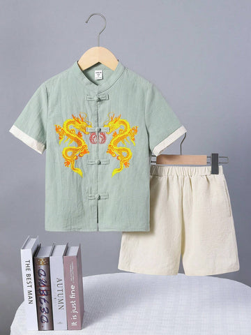 Young Boy Casual Dragon Pattern Hanfu Shirt And Shorts Chinese Style Outfits Young Boy Casual Dragon Pattern Hanfu Shirt And Shorts Chinese Style Outfits