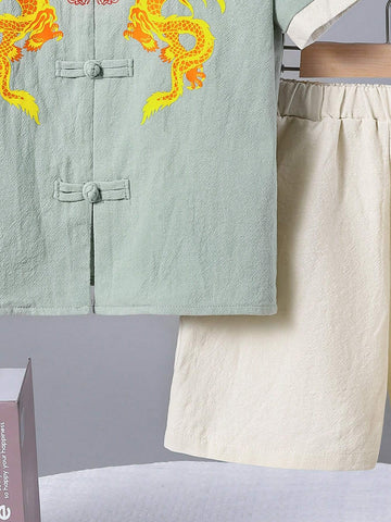 Young Boy Casual Dragon Pattern Hanfu Shirt And Shorts Chinese Style Outfits Young Boy Casual Dragon Pattern Hanfu Shirt And Shorts Chinese Style Outfits