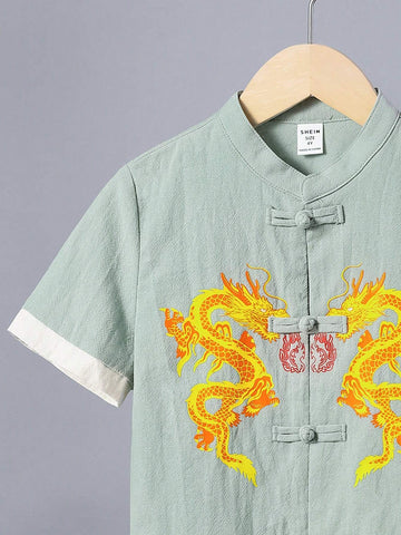 Young Boy Casual Dragon Pattern Hanfu Shirt And Shorts Chinese Style Outfits Young Boy Casual Dragon Pattern Hanfu Shirt And Shorts Chinese Style Outfits