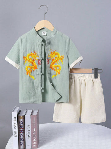 Young Boy Casual Dragon Pattern Hanfu Shirt And Shorts Chinese Style Outfits Young Boy Casual Dragon Pattern Hanfu Shirt And Shorts Chinese Style Outfits