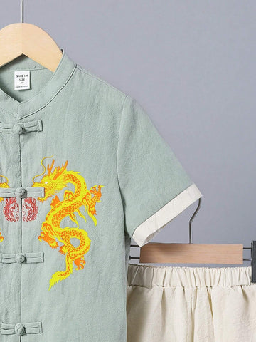 Young Boy Casual Dragon Pattern Hanfu Shirt And Shorts Chinese Style Outfits Young Boy Casual Dragon Pattern Hanfu Shirt And Shorts Chinese Style Outfits