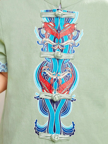 Young Boys' Combination Casual Stand Collar Short Sleeve Shirt And Shorts Set With Traditional Chinese Elements Young Boys' Combination Casual Stand Collar Short Sleeve Shirt And Shorts Set With Traditional Chinese Elements