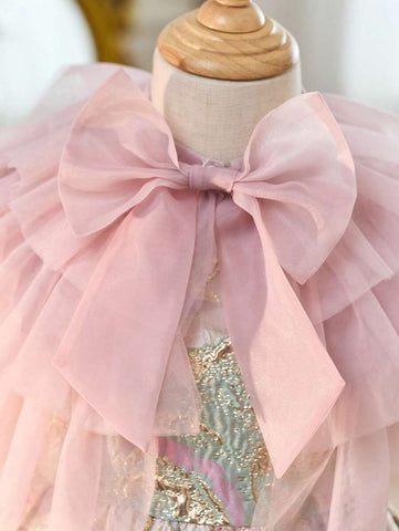 Young Girl 2pcs Set: Cute Woven Mesh Shawl & Woven Jacquard Sleveless Elegant Dress Young Girl 2pcs Set: Cute Woven Mesh Shawl & Woven Jacquard Sleveless Elegant Dress