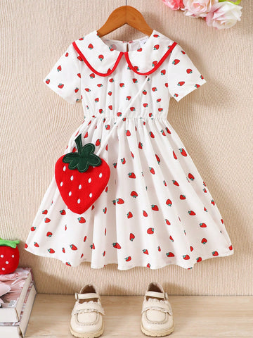 Young Girl 4-7Yrs Strawberry Print Dolly Collar Short Sleeve Dress Young Girl 4-7Yrs Strawberry Print Dolly Collar Short Sleeve Dress