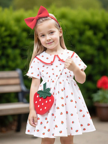 Young Girl 4-7Yrs Strawberry Print Dolly Collar Short Sleeve Dress Young Girl 4-7Yrs Strawberry Print Dolly Collar Short Sleeve Dress