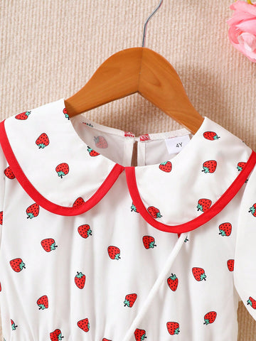 Young Girl 4-7Yrs Strawberry Print Dolly Collar Short Sleeve Dress Young Girl 4-7Yrs Strawberry Print Dolly Collar Short Sleeve Dress