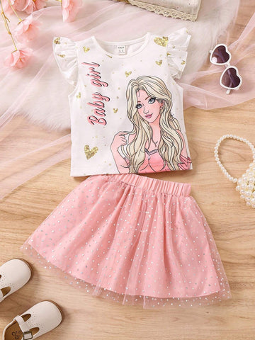 Young Girl Cartoon Character & Letter Print Top And Mesh Heart Patterned Skirt Set Young Girl Cartoon Character & Letter Print Top And Mesh Heart Patterned Skirt Set