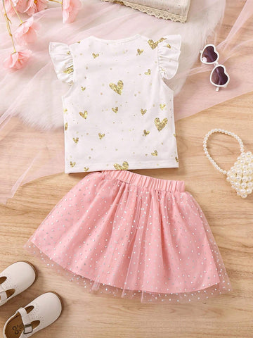 Young Girl Cartoon Character & Letter Print Top And Mesh Heart Patterned Skirt Set Young Girl Cartoon Character & Letter Print Top And Mesh Heart Patterned Skirt Set