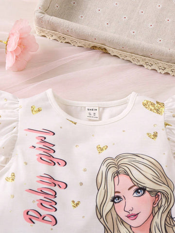 Young Girl Cartoon Character & Letter Print Top And Mesh Heart Patterned Skirt Set Young Girl Cartoon Character & Letter Print Top And Mesh Heart Patterned Skirt Set