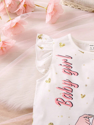 Young Girl Cartoon Character & Letter Print Top And Mesh Heart Patterned Skirt Set Young Girl Cartoon Character & Letter Print Top And Mesh Heart Patterned Skirt Set