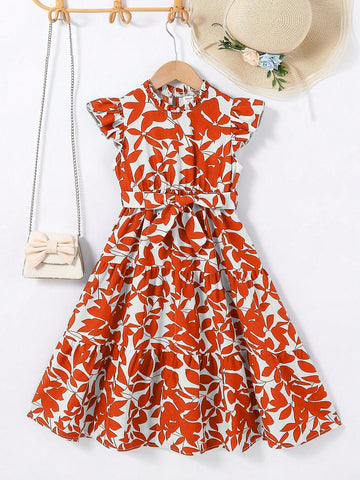 Young Girl Chiffon Ditsy Ditsy Floral Ruffle Hem Sleeveless Dress With Stand Collar Young Girl Chiffon Ditsy Ditsy Floral Ruffle Hem Sleeveless Dress With Stand Collar