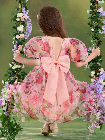 Young Girl Chiffon Ditsy Floral Puff Sleeve Fitted Dress Young Girl Chiffon Ditsy Floral Puff Sleeve Fitted Dress