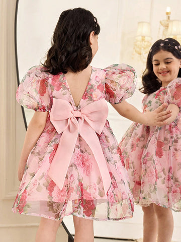 Young Girl Chiffon Ditsy Floral Puff Sleeve Fitted Dress Young Girl Chiffon Ditsy Floral Puff Sleeve Fitted Dress