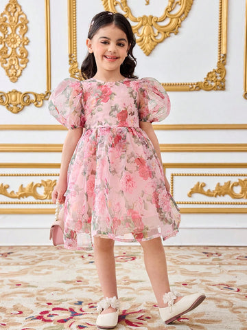 Young Girl Chiffon Ditsy Floral Puff Sleeve Fitted Dress Young Girl Chiffon Ditsy Floral Puff Sleeve Fitted Dress