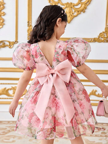 Young Girl Chiffon Ditsy Floral Puff Sleeve Fitted Dress Young Girl Chiffon Ditsy Floral Puff Sleeve Fitted Dress