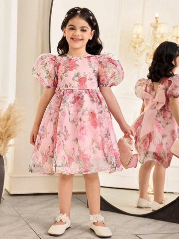 Young Girl Chiffon Ditsy Floral Puff Sleeve Fitted Dress Young Girl Chiffon Ditsy Floral Puff Sleeve Fitted Dress