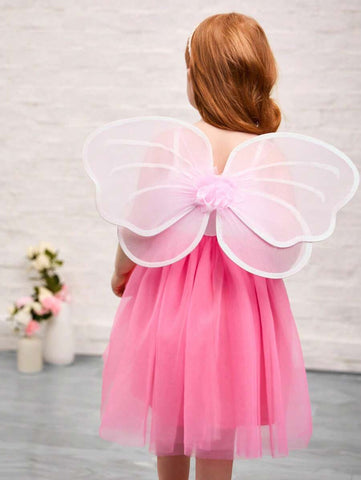 Young Girl Cute Pink 3D ButterFly Wing Shape & Knit Patchwork Mesh Cami Dress Young Girl Cute Pink 3D ButterFly Wing Shape & Knit Patchwork Mesh Cami Dress