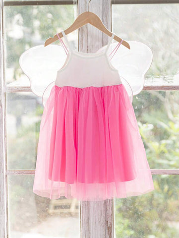 Young Girl Cute Pink 3D ButterFly Wing Shape & Knit Patchwork Mesh Cami Dress Young Girl Cute Pink 3D ButterFly Wing Shape & Knit Patchwork Mesh Cami Dress