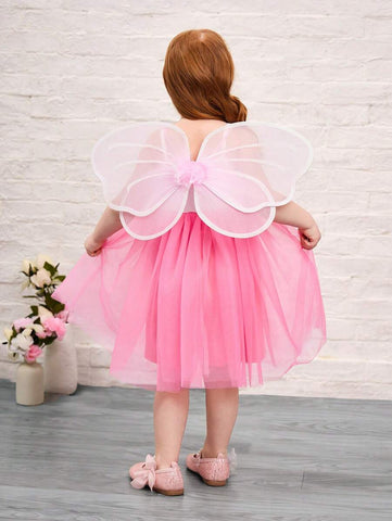 Young Girl Cute Pink 3D ButterFly Wing Shape & Knit Patchwork Mesh Cami Dress Young Girl Cute Pink 3D ButterFly Wing Shape & Knit Patchwork Mesh Cami Dress