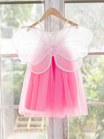 Young Girl Cute Pink 3D ButterFly Wing Shape & Knit Patchwork Mesh Cami Dress Young Girl Cute Pink 3D ButterFly Wing Shape & Knit Patchwork Mesh Cami Dress