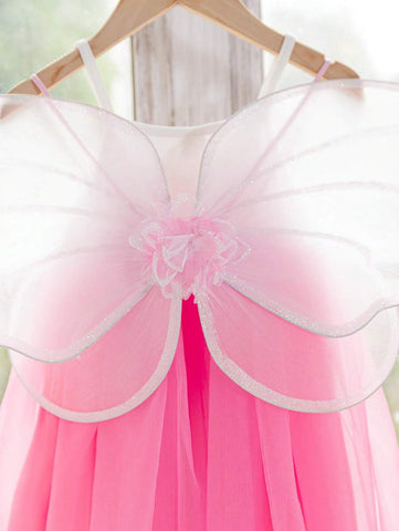 Young Girl Cute Pink 3D ButterFly Wing Shape & Knit Patchwork Mesh Cami Dress Young Girl Cute Pink 3D ButterFly Wing Shape & Knit Patchwork Mesh Cami Dress